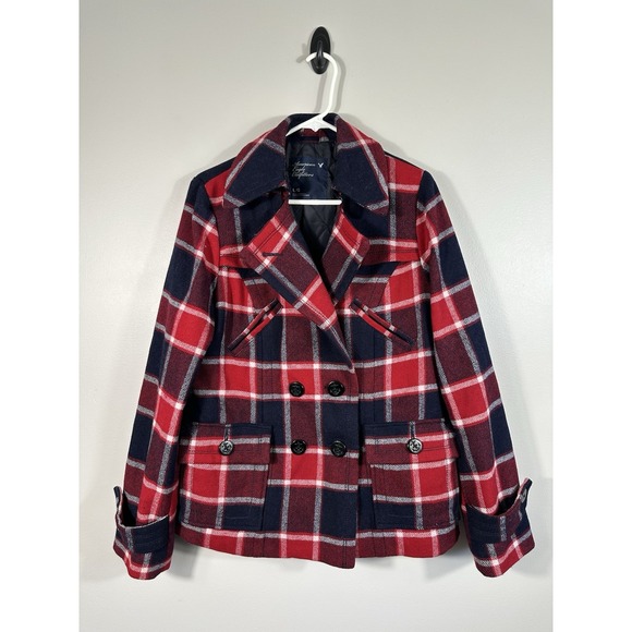 American Eagle Coat Womens Large Red Blue Plaid Pea Coat Y2K Wool Blend - Picture 1 of 9